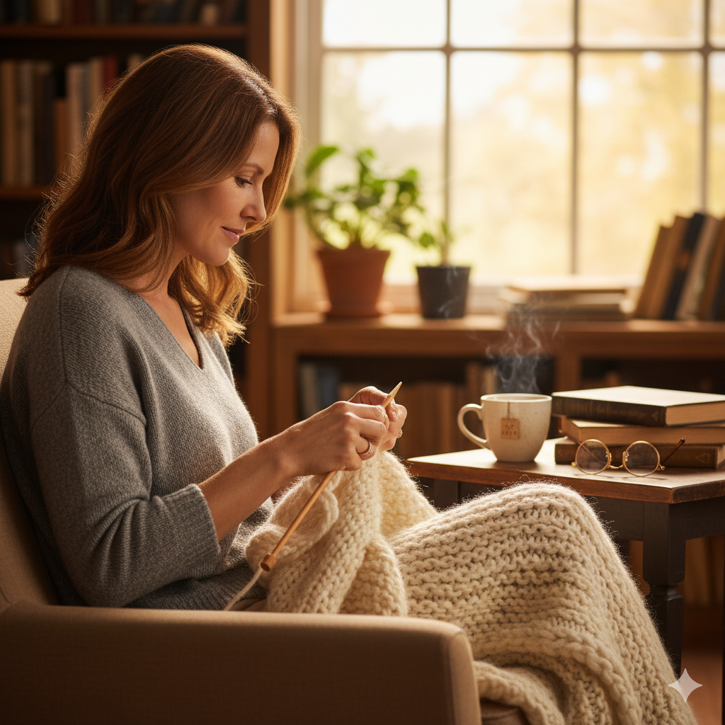 junge Frau beim Hobby stricken