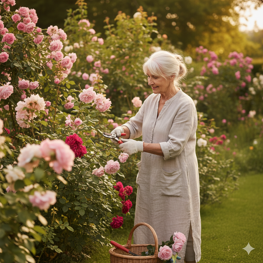 ältere Frau schneidet Rosen