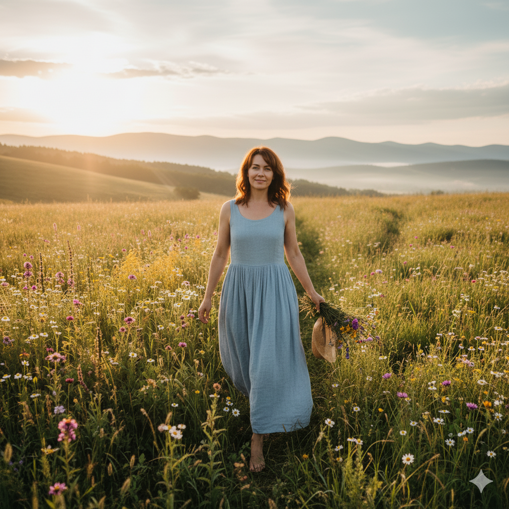 junge Frau läuft über eine Wiese