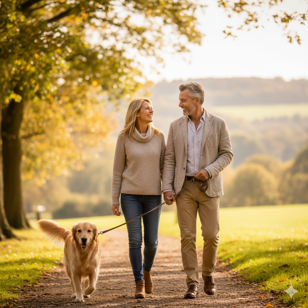 Paar spaziert mit dem Hund